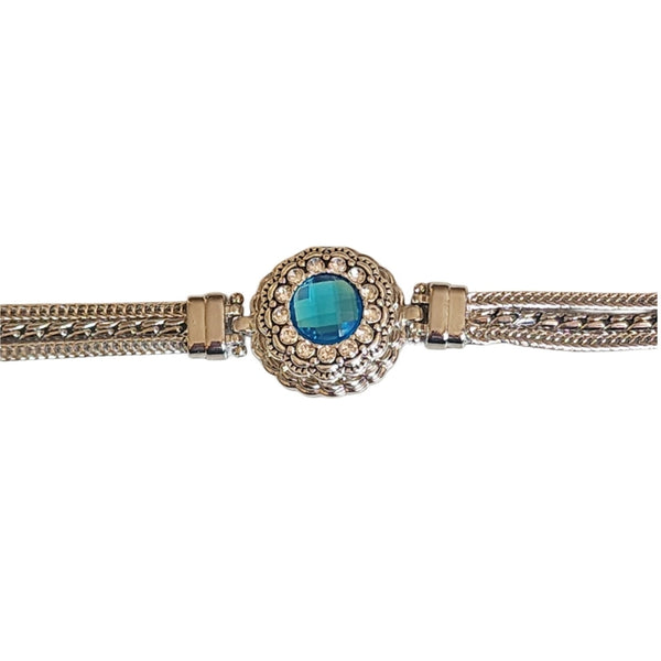 Interchangeable Turquoise Blue Crystal Snap Charm Adjustable Silver Tone Bracelet