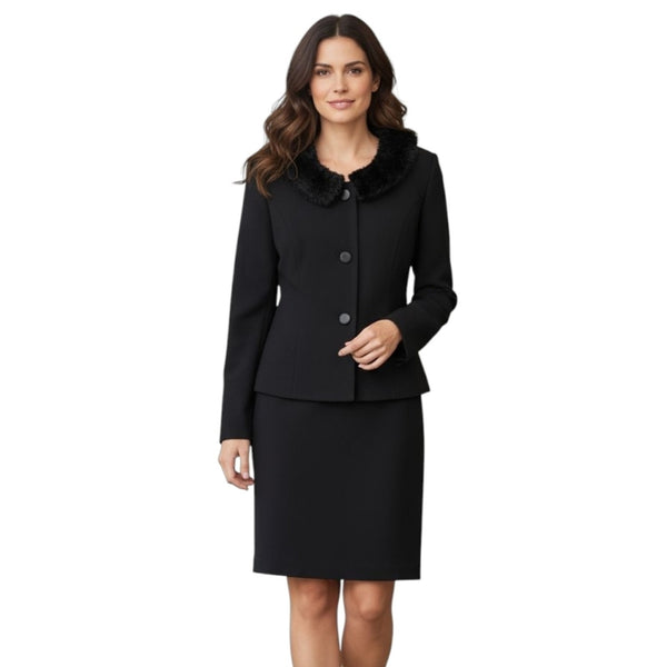 Vintage MT Studio Black 100% Wool Suit/Skirt Set w/Removable Faux Fur Collar, 6P