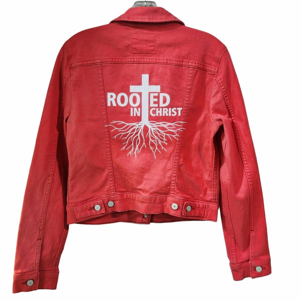 Rooted In Christ Red Custom Upcycled Jean Jacket, Women's M