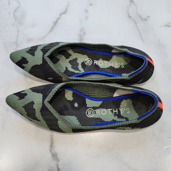 Rothy's Pointed Toe Camouflage Washable Flats Wiyh Blue & Orange Details, Size 9