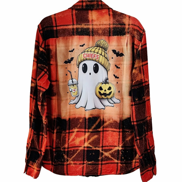 KC Chiefs Custom Ghost Upcycled Buffalo Plaid Flannel Shirt, Women's L