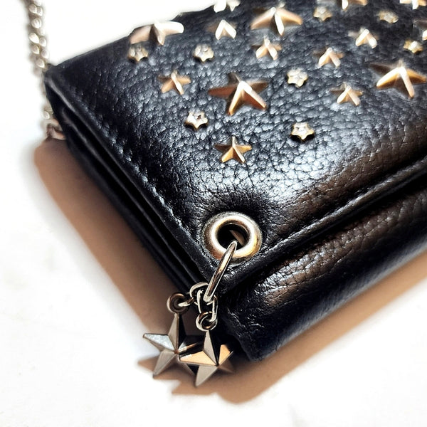 Authentic Jimmy Choo Black Leather Star Studded Wallet w/Shoulder Chain WOC