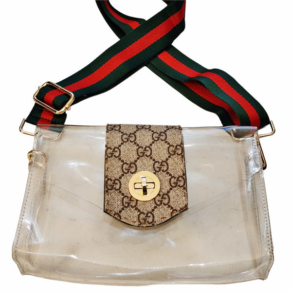 Repurposed GG Canvas Stadium Crosdbody Bag w/Green & Red Striped Adjust. Strap