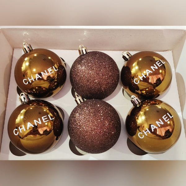 Set of 6 Plastic Novelty Ball Tree Ornaments,  Bronze Mix