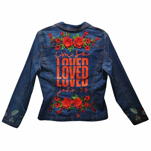 John 3:16 Custom Christian Floral Upcycled Denim Jacket W/Embroidery Details & Studs, 8