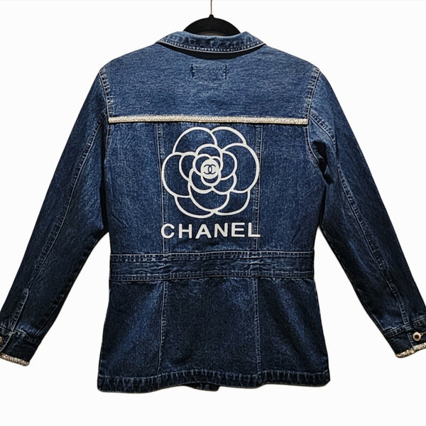 Designer Inspired Camilia Flower Custom Upcycled Denim Jean Jacket, M