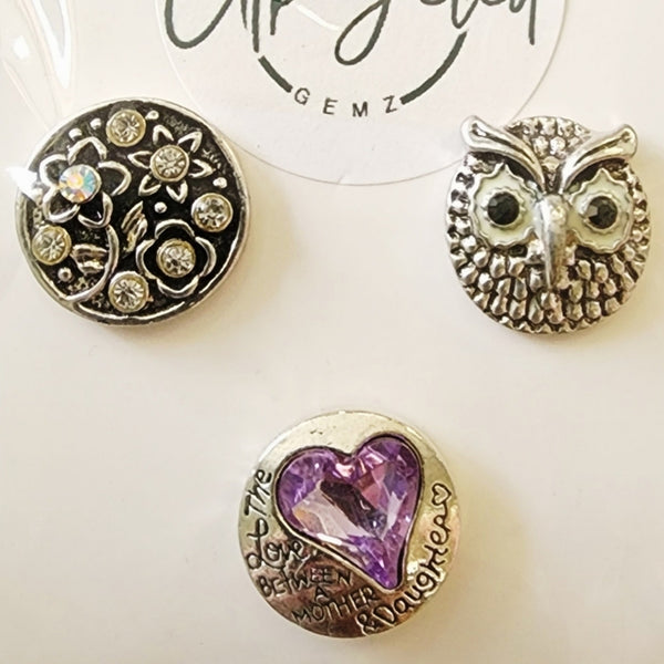 Interchangeable Snap Charm 3 Piece Set -  Purple/Silver Charms
