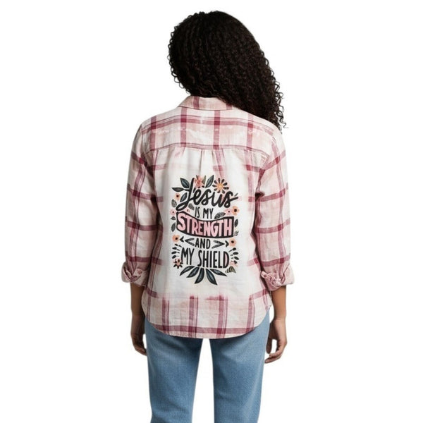 Jesus Is My Strength & My Shield  Repurposed Christian Theme Plaid Shirt, 12
