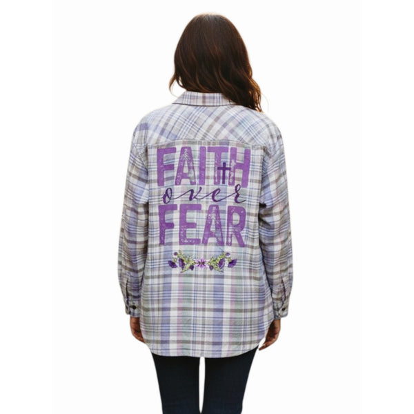 Faith Over Fear Repurposed Christian Theme Zip Front Shirt Jacket, 1X