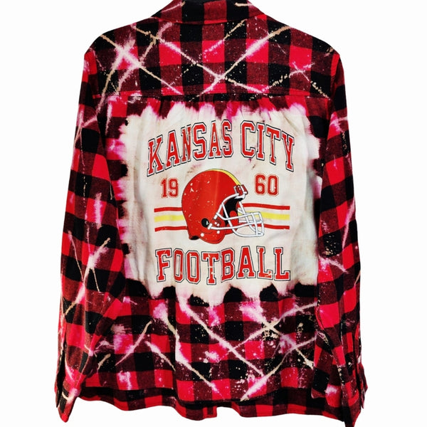 Kansas City Chiefs Red & White Custom Upcycled Bleached Plaid Flannel Shirt, XXL