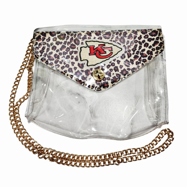 KC Chiefs Leopard Print Clear Stadiun Crossbody Bag With Removable Gold Chain
