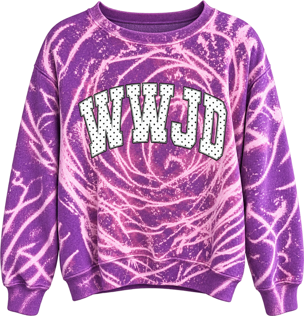 WWJD (Front) Jesus Loves You (Back) Custom Tie Dye Christian Upcycled Sweatshirt, L