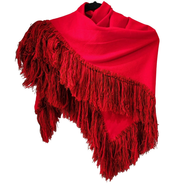 Rare Handwoven Vintage Two Piece Red Fringed Midi Skirt With Matching Shawl, XS