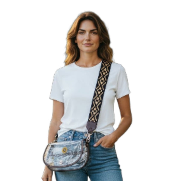 Curved Clear Stadium Bag in Black with Sunflower Charm & Woven Crossbody Strap