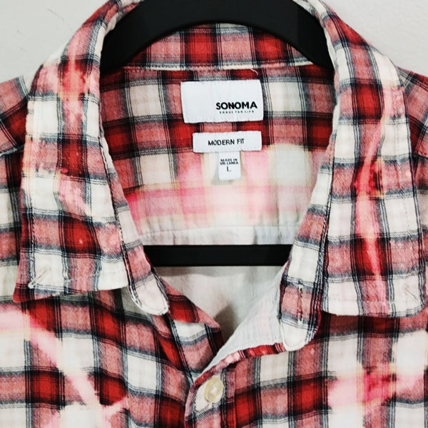 Kansas City Chiefs Red & White Custom Upcycled Bleached Plaid Shirt, L