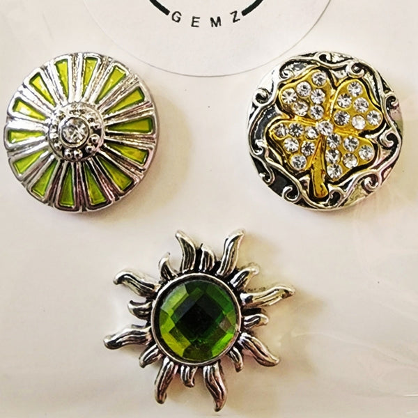 Interchangeable Snap Charm 3 Piece Set - Green/Silver Floral/Starburst Charms
