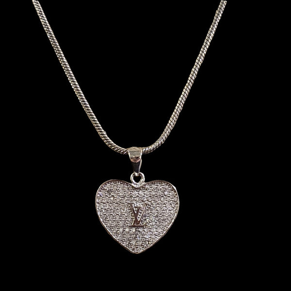 LV Rhinestone Silver Heart Charm on Stainless Steel Chain
