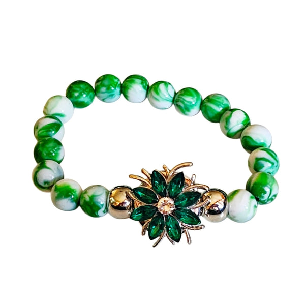 Interchangeable Green Snap Charm Stretch Green Beaded Bracelet