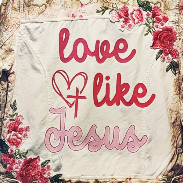 Love Like Jesus Custom Christian Upcycled Jacket with Floral Back Design, Size M