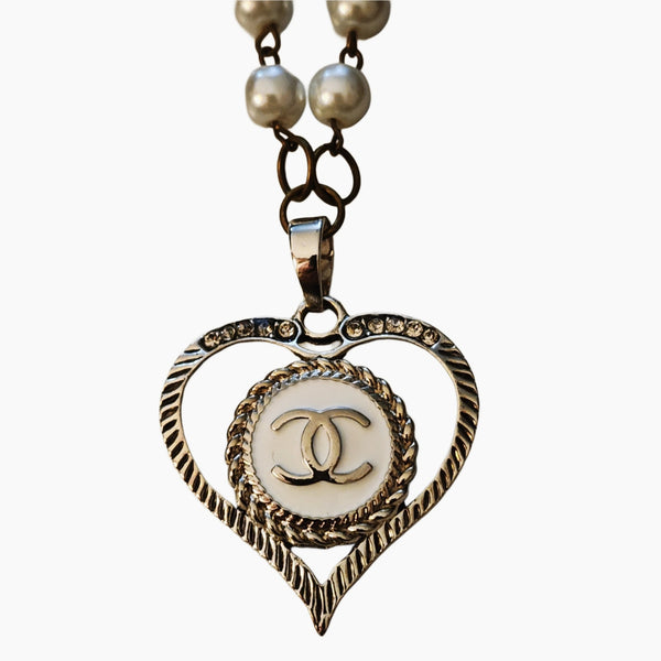 Upcycled Designer Button Heart Pendant on Pearl Rosary Style Necklace