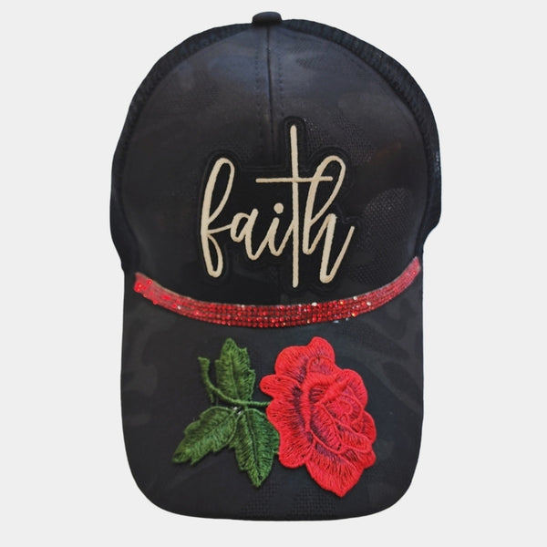 Faith Floral Handcrafted Black Camo Ponytail Cap With Red Rhinestones