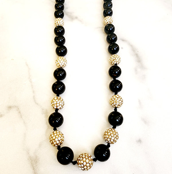 J.Crew Large Black and Rhinestone Ball Beaded Fine Jewelry Necklace - Gold Tone Finish