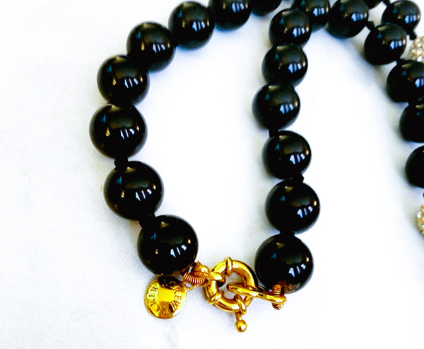 J.Crew Large Black and Rhinestone Ball Beaded Fine Jewelry Necklace - Gold Tone Finish