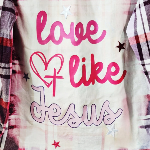 Love Like Jesus Custom Upcycled Pink Plaid Tencel Shirt, L