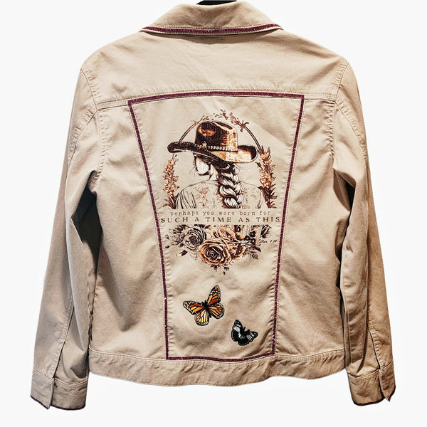 Esther 4:14 Perhaps You Were Born for Such a Time as This Custom Purple Rhinestone Embellished Christian Upcycled Tan Jacket, Women's 8