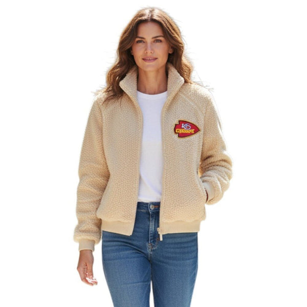 Tan Front Zip Kansa City Chiefs Teddy Zip Front Jacket with Pockets, M