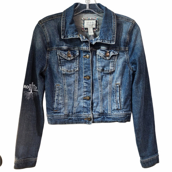 Rooted In Christ Custom Upcycled Jean Jacket, Women's M