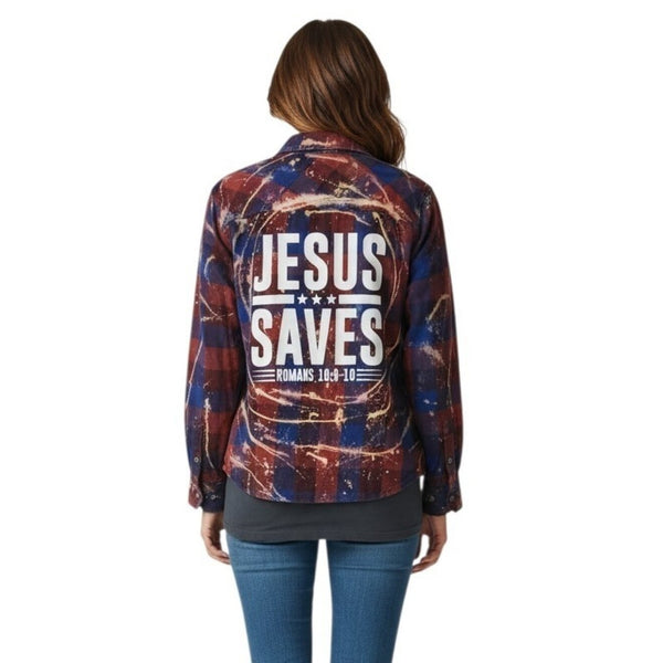 Jesus Saves Repurposed Christian Theme Plaid Shirt, XL