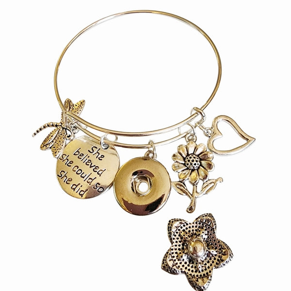 Mother's Day Multi-charm with Interchangeable Snap Charm Bangle Bracelet in Silver