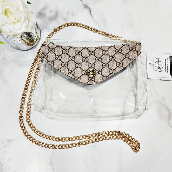 Clear Stadium Bag W/ Repurposed Handsewn GG Canvas Flap, Removable Gold Chain Strap