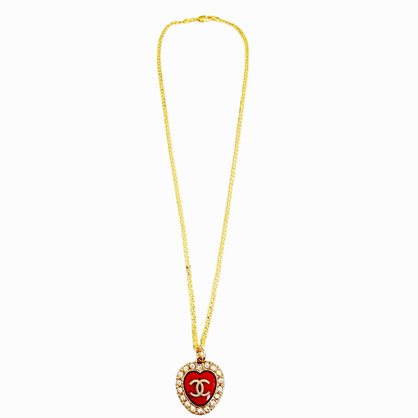 Repurposed Designer Charm in Red & Rhinestone on 24K GF Curb Chain