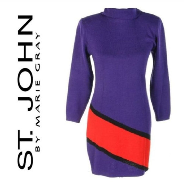 St. John Knit Mini Sweater Dress Purple and Red, Long Sleeve, M