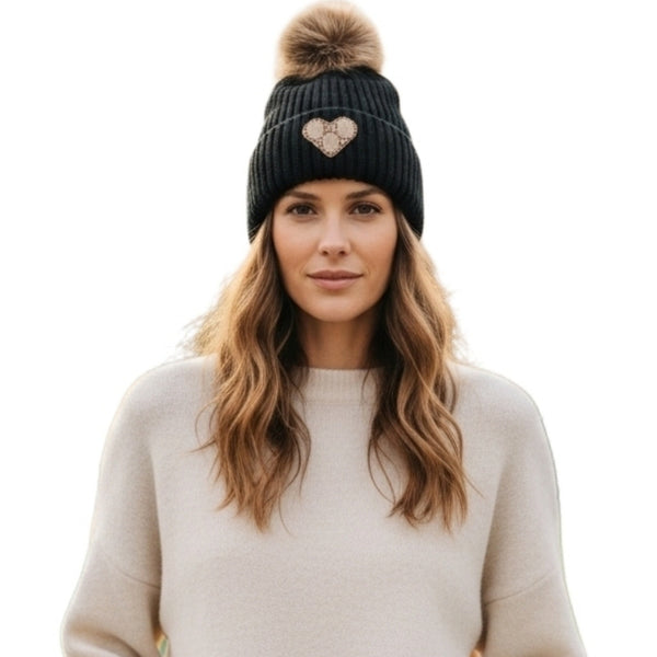 Black Knit Beanie with Faux Fur Pom and Heart Detail