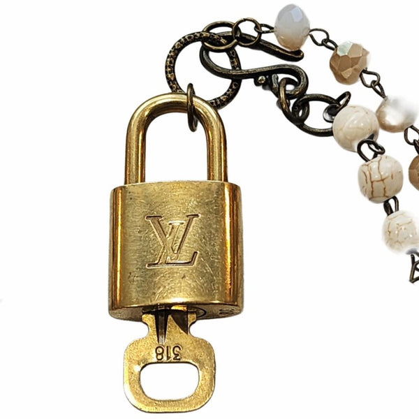 Louis Vuitton Gold Padlock & Key Repurposed Neutral Beaded Statement Necklace