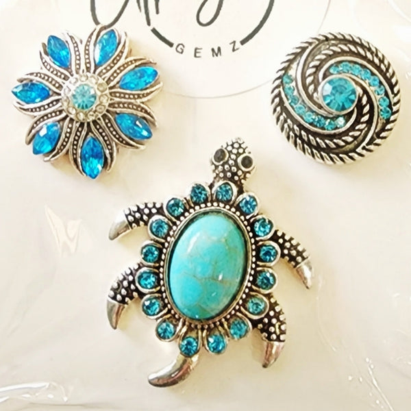Interchangeable Snap Charm 3 Piece Set -  Turtle, Turquoise & Silver Charms