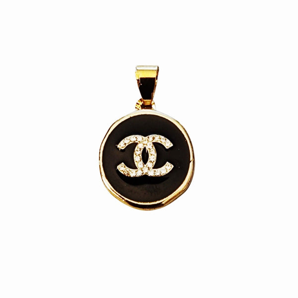 CC Designer Black & Rhinestone Button Pendant