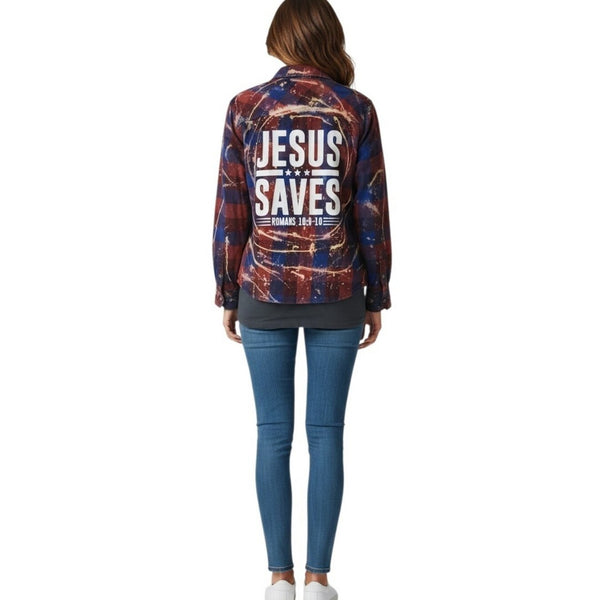 Jesus Saves Repurposed Christian Theme Plaid Shirt, XL