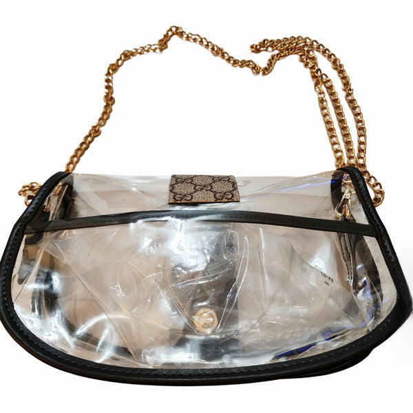 GG Repurposed Canvas Embellished Curved Crossbody Stadium Bag with Gold Chain