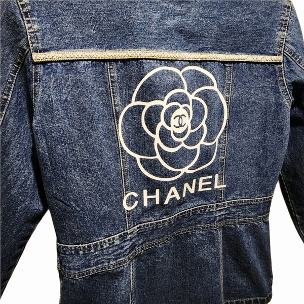 Designer Inspired Camilia Flower Custom Upcycled Denim Jean Jacket, M
