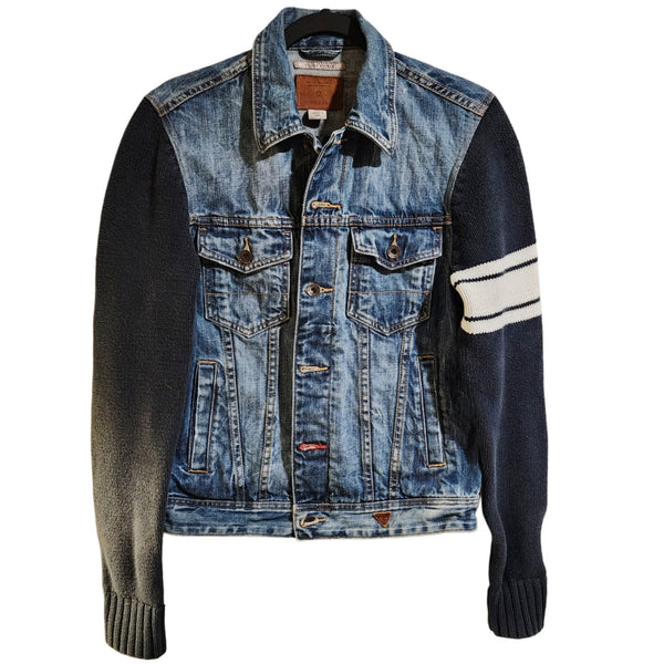 Love Like Jesus Custom Upcycled Guess Knit Sleeves Denim Jacket, S