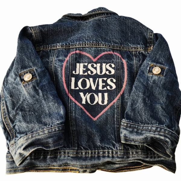 Jesus Loves You Girl's Custom Upcycled Christian Jean Jacket, 10/12