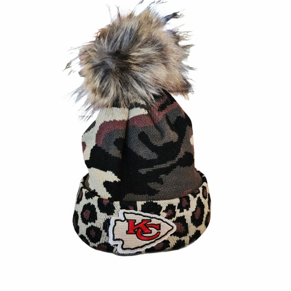 KC Chiefs Leopard Camo Embellished Fleece Lined Pom Beanie Hats Upcycled Gemz 