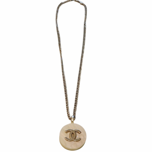 Pink & Silver Iridescent Large Button Pendant on 18K White Gold Filled Necklace