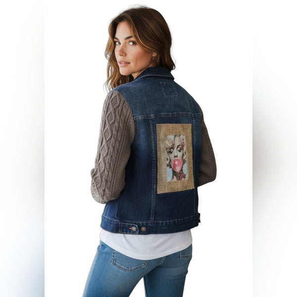Marilyn Monroe Custom Back Design on Repurposed Guess Sweater Sleeve Jean Jacket, Size Juniors L