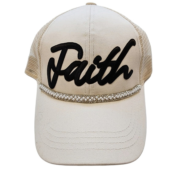 Faith Pearl/Rhinestone Handcrafted Beige Ponytail Cap