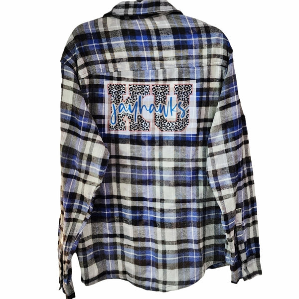 Kansas University KU Jayhawks Custom Upcycled Plaid Flannel Shirt, 2X